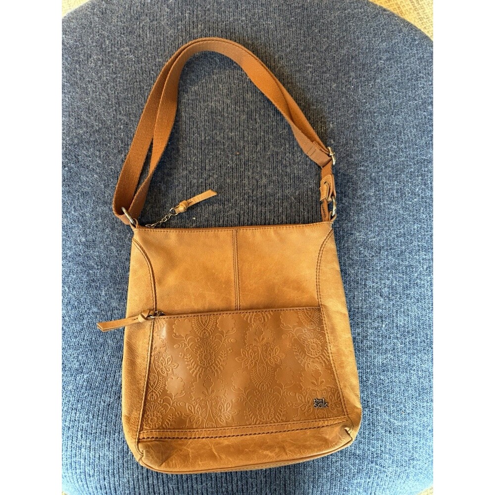 The Sak Iris Tan Brown Leather Tooled Embossed Adjustable Crossbody Shoulder Bag